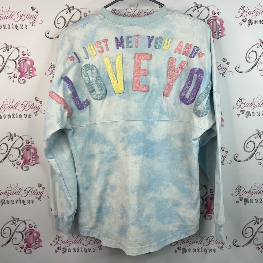Disney spirit jersey long sleeve sparkly I love you Blue pink Shirt Dog Print